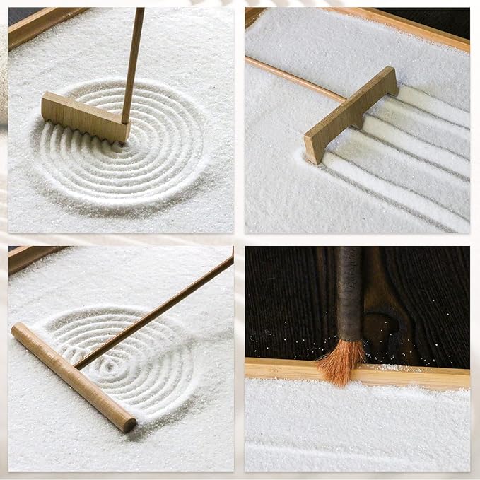 Zen Garden Rake Tool Accessories - Japanese Sand Zen Bamboo Rakes Tools Set, Office Relaxation Gifts with Healing Stones Zen Garden Decor for Man Woman Father Mother Birthday Gifts