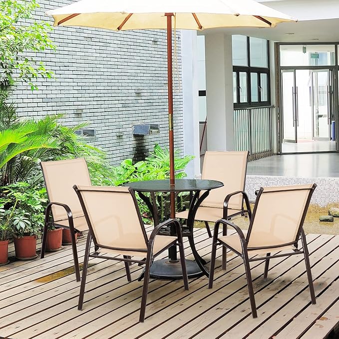 Tangkula 2 Piece Patio Dining Chairs, Outdoor Bistro Chairs W/Curved Armrests, Easy-to-Dry Fabric, Reinforced Steel Frame, Wide & Comfortable Camping Chairs for Garden, Poolside, Backyard (1, Beige)