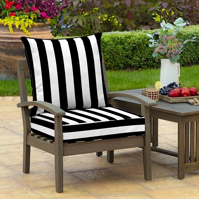 Arden 24x24 Outdoor Deep Seat Cushion Set – Fade-Resistant, Weather-Resistant Outdoor Patio Replacement Cushions Black Cabana Stripe