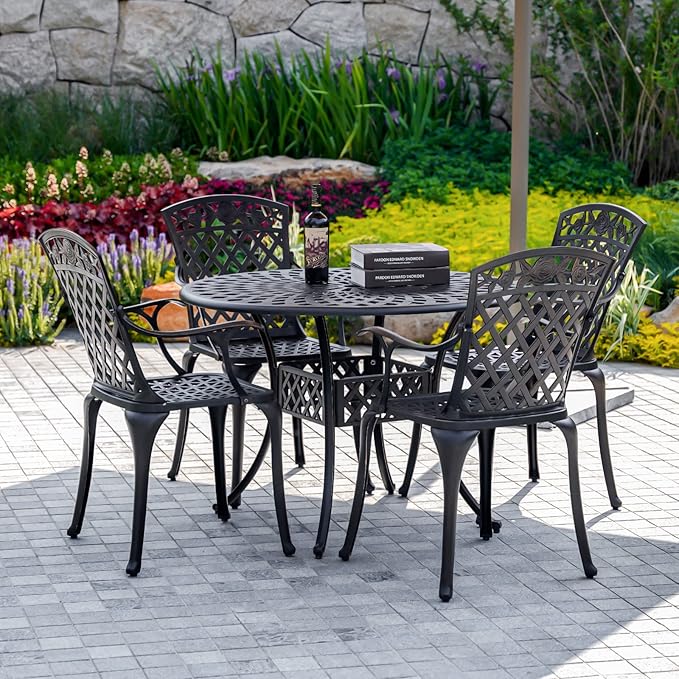 Cast Aluminum Patio Chairs, Outdoor Bistro Chairs Set of 2 with Large Back, All Weather Metal Dining Chairs for Garden Deck Backyard, Bronze Lattice Weave Design
