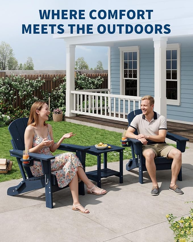 Folding Adirondack Chair Set of 4, All-Weather HDPE Outdoor Chair, Wooden Textured with Cup Holder for patios, Decks, Gardens, fire pits, Navy Blue