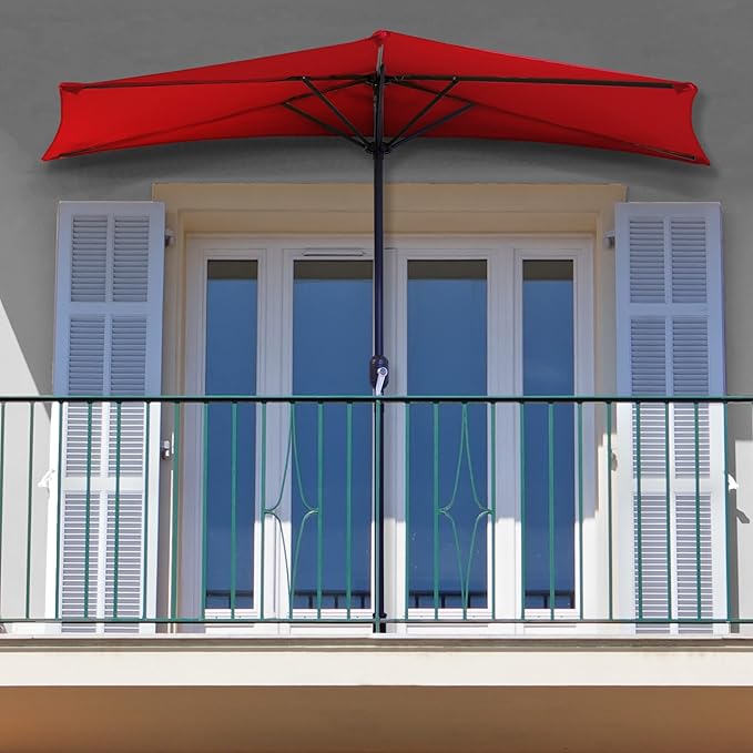 9-Ft Half Patio Umbrella Easy Crank Semicircle Balcony Shade with 20lb Weighted Base for Deck, Porch, or Against a Wall by Pure Garden (Red)