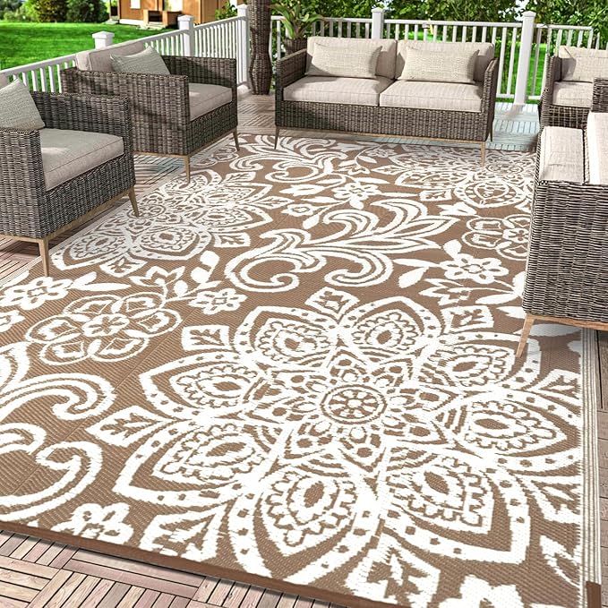 Findosom Waterproof Outdoor Rug 8' x 10' - Reversible Mandala Outdoor Plastic Straw Rug, Durable Foldable Patio Rug for RV, Deck, Balcony, Backyard, Picnic, Porch, Camping, Beach, Brown