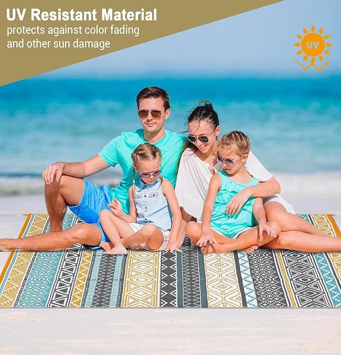 GarveeLife Extra Large Waterproof Outdoor Rug 10x20 UV Resistant Reversible Plastic Straw Rug Modern Geometric Outdoor Patio Rugs for Balcony Backyard, Teal & Yellow