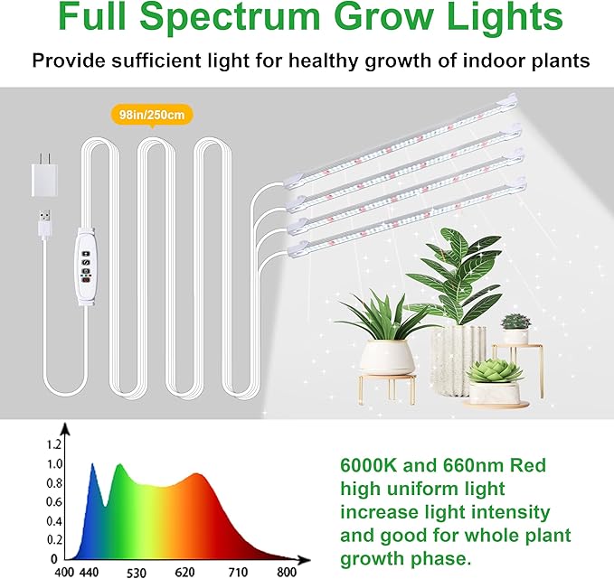 Grow Lights for Indoor Plants, 13" Grow Light Strips with Timer 3/9/12 H, 10 Dimmable Levels, 192 LEDs Full Spectrum Sunlight，Plant Growing Lamp for Indoor Greenhouse Seedlings, 4 Head