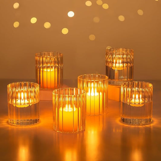 Glasseam Ribbed Glass Candle Holder: Set of 6 Clear Hurricane Candle Holder Cylinder Candle Holders for Pillar Candles Decorative Floating Candle Vases for Centerpieces Wedding Table Decoration 3.94’’