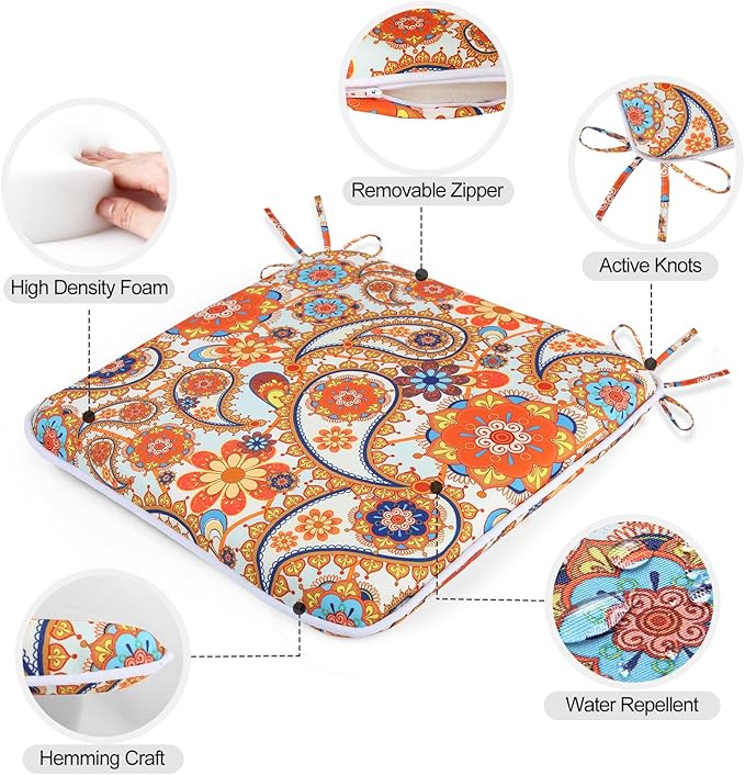 GUEGLSA Outdoor Indoor Waterproof Seat Cushions,16x16 Inches Patio Chair Cushion with Ties,Machine Washable Seat Pad for Home Garden Kitchen Dining Office Chair,Set of 2, Orange Paisley