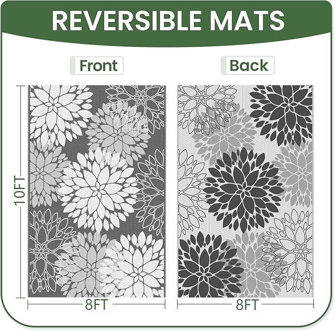 LuxStep Outdoor Rug Waterproof Outdoor Plastic Straw Rug Reversible Patio Rug Mat Outdoor Decor Large Area Mats for RV, Picnic, Backyard, Deck, Balcony, Porch, Beach, 8' x 10' Grey