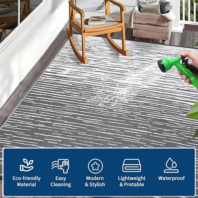 Outdoor Rug 8x10 Waterproof Patio Rugs Abstarct Line Reversible Mat for Front Door Rv Foldable Plastic Straw Carpet for Travel Trailers, Deck, Picnic, Porch, Camper, Balcony, Beach，Grey