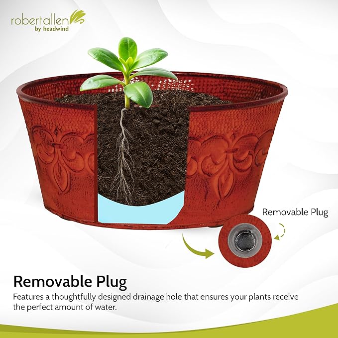 Headwind Ironlite Fleur De Lis Collection – 8" Cayenne Red Bowl Decorative Planter with Drain Plug – Lightweight Metal Garden Pots for Indoor & Outdoor Planters Use by Robert Allen