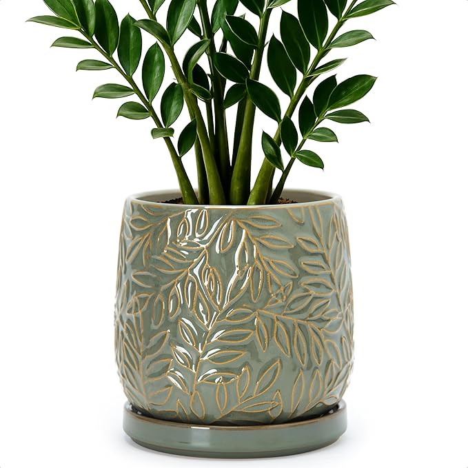 D'vine Dev 6 Inch Embossed Leaves Stoneware Planter Pot with Drainage Hole and Saucer, Olive, 27-A-X-0