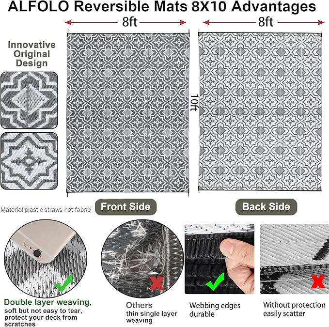 Outdoor Plastic Straw Rug 8x10 Waterproof Outdoor Patio Rug,Porch Balcony Rug,Reversible Rv Camping Floor Mat Outside Mat Camping Gifts(Grey&White, 8'x10')