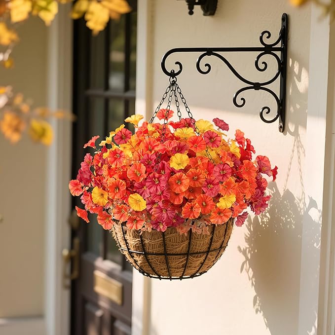 Fake Fall Flowers Artificial for Decoration, 12 Bundles Faux Plants Silk Orange Flowers Morning Glory Petunias Realistic UV Resistant for Outdoors Planter Porch Patio Window Box, Orange Yellow