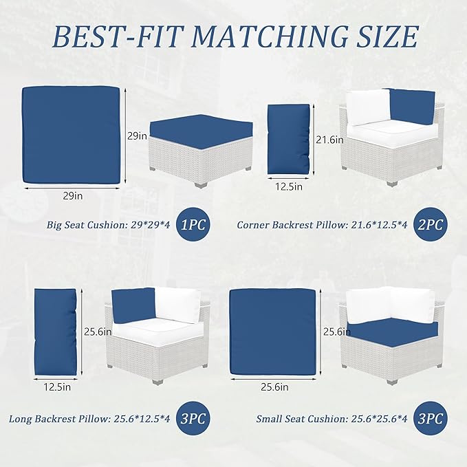Outdoor Cushions for Patio Furniture with 5 Pillows, Waterproof Patio Furniture Cushions Replacement, 4" Deep Seat Outdoor Sectional Cushions for 4-seat Patio Furniture Chair Sofa Couch,Blue