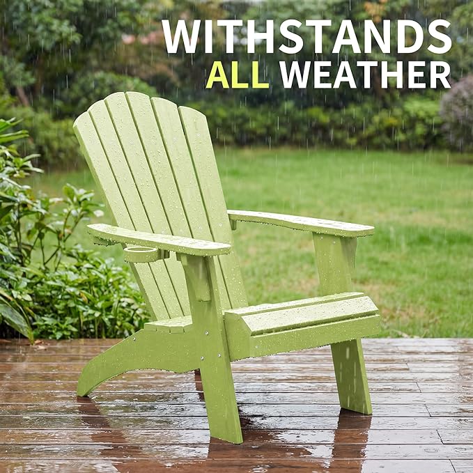 Psilvam Adirondack Chair, Oversized Poly Lumber Fire Pit Chair with Cup Holder, 350Lbs Support Patio Chairs for Garden, Weather Resistant Adirondack Chair Looks Like Real Wood (4, Green)
