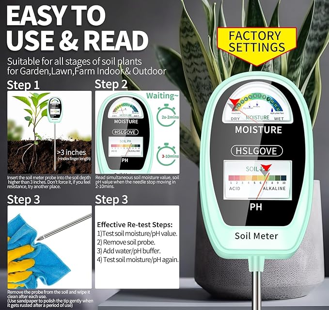 HSLGOVE Soil Test Kit, 2-in-1 Soil Moisture Meter/Soil PH Meter, Dual Screen Soil Tester, Soil Moisture Meter for Plants Watering/Gardening for Lawn,Farm Indoor&Outdoor Use-Bluegreen