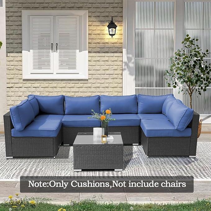 14Piece Outdoor Sofa Cushion Replacement, Patio Furniture Waterproof Cushion with Zippers, fit 6-Seat Outdoor Wicker Rattan Sectional Couch (Blue, 24.8"x24.8"x3.15")