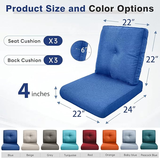 Belord Luxury 4" Thick Outdoor Cushion 3 Set - 22 x24 Inch 28D Sponge Filling Fade-Resistant Chair Cushion, Spill Proof Removable Patio Furniture Replacement Cushions for Sofa Bench Swing - Blue