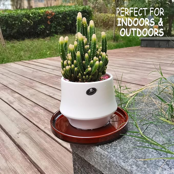 Ceramic Plant Saucer 7 Inch, 2 Pack Round Plant Trays for Indoors/Outdoors, Flower Pot Saucers for Holding Water Drips and Soil, Ceramic Drainage Tray for Plant Pot (Reactive Glaze Brown)