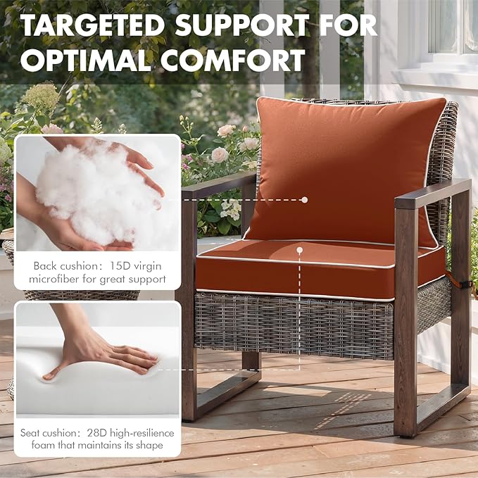 MIULEE Burnt Orange Outdoor Seat Cushion 24x24 Inch Waterproof & 3 Year Fade Resistant Deep Seat and Back Cushion for Patio Furniture Chair Sofa Couch with Handle and Adjustable Straps
