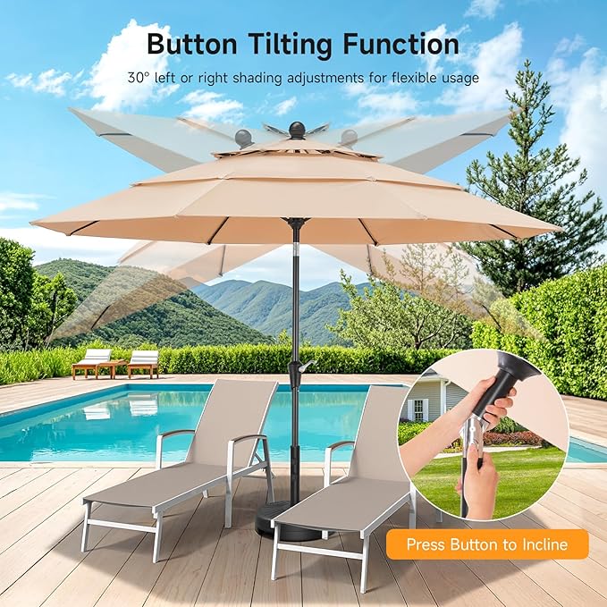 10 FT Patio Umbrella, 3 Tier Outdoor Table Umbrella with 8 Sturdy Glass Fiber Ribs and Push Button Tilt, Outdoor Patio Umbrellas for Market Pool Garden Backyard, 1.5" Pole, Champagne (No Base)