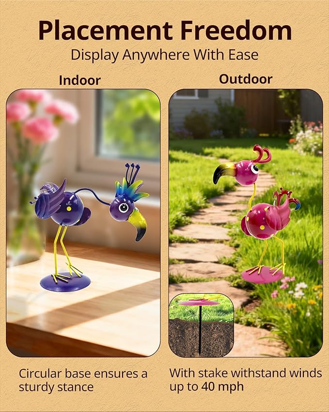 Metal Bird Statues for Outdoor Garden (with Round Base and Stake)(Weathering Resistant) 2 Pack Handcrafted Yard Bird Figurines Metal Art, Cute Lawn Ornaments Funny Decor Gift (Pink & Purple)