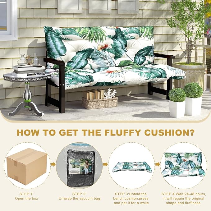 60" Porch Swing Cushion with Backrest, Waterproof Outdoor Bench Swing Cushions 3 Seater Replacement Thickened Swing Cushions with Ties for Patio Garden Backyard,Hawaiian Flower,60x40in