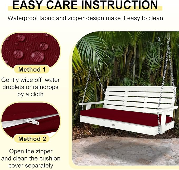 downluxe Outdoor Bench Cushion Waterproof, 59 x 18 Inch Patio Furniture Cushions with Adjustable Ties & Portable Handle, Porch Swing Cushions, Bench Cushions for Outdoor Furniture, Burgundy