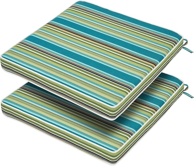 FUNHOME Outdoor Chair Cushions 18"x18"x2.5" Set of 2,Water Resistant Patio Chair Cushion with Zipper&Ties,18x18 Inch Replacement Square Seat Cushion for Garden Chairs(Green Stripe)