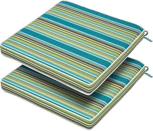 FUNHOME Outdoor Chair Cushions 18"x18"x2.5" Set of 2,Water Resistant Patio Chair Cushion with Zipper&Ties,18x18 Inch Replacement Square Seat Cushion for Garden Chairs(Green Stripe)