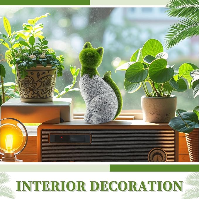 Cat Garden Statue with Flocked Animal Figurines Faux Green Covered Stones for Outdoor Decor, Perfect for Garden Statues and Figurines Outdoors