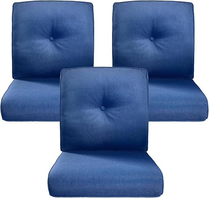 Belord Luxury 4" Thick Outdoor Cushion 3 Set - 22 x24 Inch 28D Sponge Filling Fade-Resistant Chair Cushion, Spill Proof Removable Patio Furniture Replacement Cushions for Sofa Bench Swing - Blue