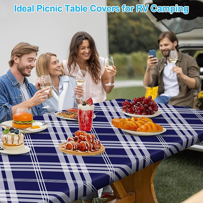 pickyNproud Picnic Table Cover with Bench Covers Portable Table Cloth Built-in Storage Pocket Picnic Table Covers with Elastic Waterproof Camping Essentials for RV Camping
