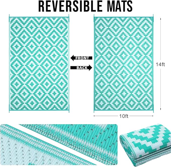 OLANLY Waterproof Outdoor Rug 10x14 ft, Outdoor Plastic Straw Rug for Camping, RV Mat Outside, Outdoor Carpet for Porch, Deck, Backyard, Balcony, Picnic, Turquoise & White