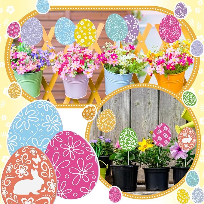 12 Pcs Colorful Easter Eggs Yard Signs with Stakes, Double Sided Easter Yard Stakes for Planter, Waterproof Cute Outdoor Decorations for Garden Lawn Patio Church Party Favor