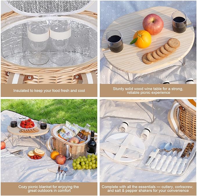 Picnic Basket Set for 2 - Wicker Insulated Picnic Basket with Waterproof Blanket, Folding Wine Picnic Table & Cutlery Kits, Picnic Baskets Kit for Camping, Outdoor, Valentine (White Flower)