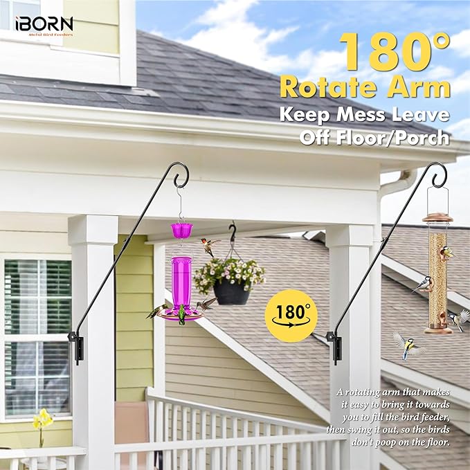 iBorn Wall Mount Deck Hook, 28" Hummingbird Feeder Hanger, Heavy Duty Bird Feeder Pole for Hanging Bird Feeder, Planter, Suet Baskets, Wind Chimes, 180° Rotatable Arm, Solid Wire, 2 Pack