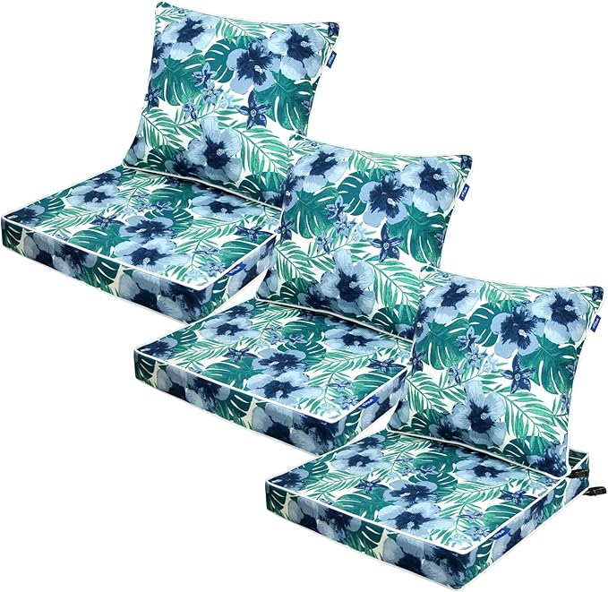 Deep Seat Cushions, Outdoor Cushions, Patio Furniture Cushions, Deep Seat & Back Cushion Patio Cushions for Backyard Couch Sofa Fade Resistant (24x24x4 inches 3 Sets, Blue Flowers)