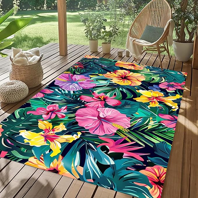 Tropical Botanical Floral Outdoor Rug Contemporary Aesthetic Green Pink Yellow Flower Texture Rug for Balcony Patio Deck Garden Washable Non Slip Large Carpet Waterproof Camping Rv Picnic Mat 7x9