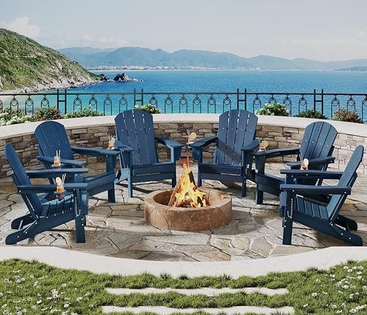 Folding Adirondack Chair Set of 6, All-Weather HDPE Outdoor Chair, Wooden Textured with Cup Holder for patios, Decks, Gardens, fire pits, Navy Blue