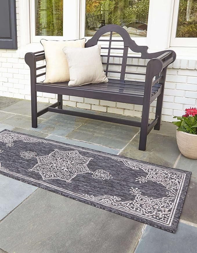 Unique Loom Outdoor Traditional Collection Area Rug - Antique (2' 7" x 10' Runner, Charcoal Gray/ Natural)