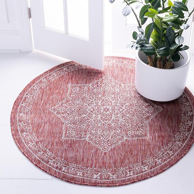 Unique Loom Outdoor Traditional Collection Area Rug - Antique (7' 10" Round Rust Red/Ivory)