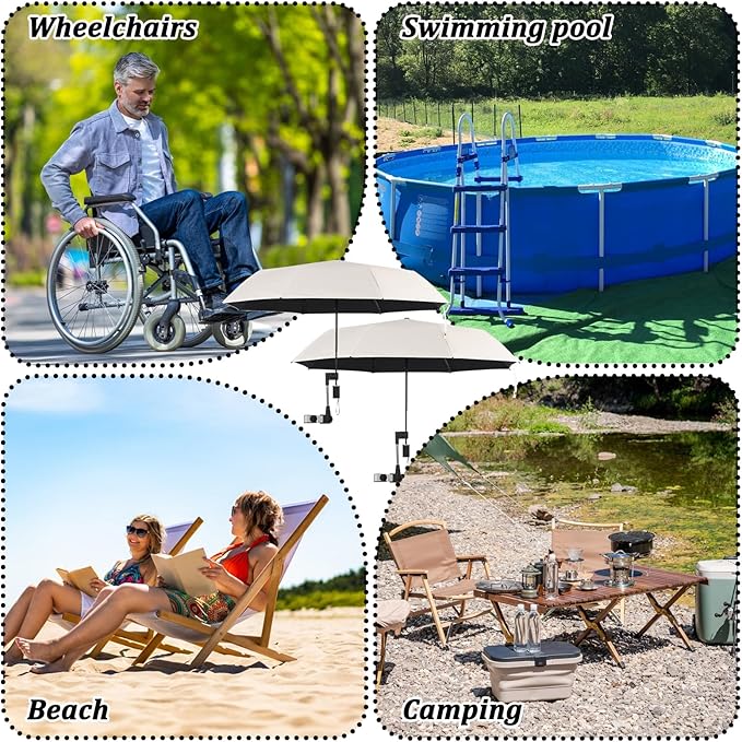 2 Pack Pool Shade Umbrella for Above Ground, Pool Sunshade Canopy With Adjustable Universal Clamp, Portable Patio Umbrella for Garden Beach Chair Camp Trolley Stroller Golf Cart