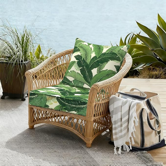 Outdoor Deep Seat Cushion Set, Water Repellent 22"x22" Patio Thick Cushions Replacement with Seat & Back Pillow for Patio Sofa, Wicker Chair, Couch - Swaying Palms Green