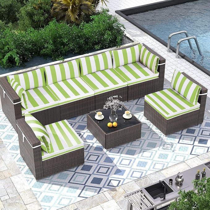 Outdoor Sectional Cushions Replacement Set, 26x26in Patio Furniture Cushions, 14 Pieces Waterproof Outdoor Couch Cushion for 6 Seat Wicker Conversation (Grass Green with White Stripes)