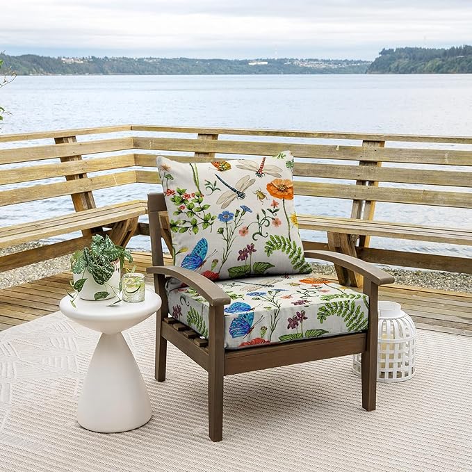 All Smiles Outdoor Chair Cushions for Patio Furniture Set of 24X24 Inch Deep Seat Waterproof Resistant with Removable Cover Garden Flowers Farmhouse Decorative Cushions for Seat Yard Garden Deck