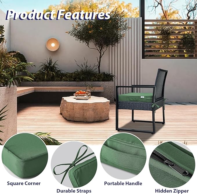 Outdoor Chair Cushions Set of 4,Waterproof Outdoor Seat Cushions for Patio Furniture,Patio Chair Cushion with Handle and Ties, Square Out Door Chair Pads,17" x 16" x 2", Forest Green