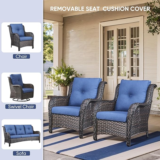Patio Chair Cushions 6 Packs - Outside High Back Water-Resistant Cushion 22x24 with Zipper Cover for Outdoor Glider Rocking Chairs Loveseat 3-Seater Couch Sofa – Blue/Buckle
