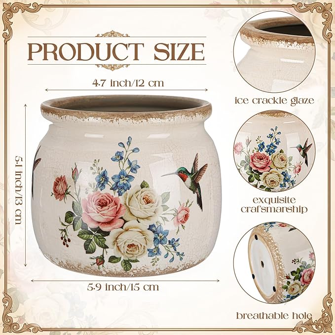 Vintage Large Ceramic Planter with Hummingbird's Bloom Pattern Creamy White Ice Crack Finish Antique Cottage Flower Vase Pot for Indoor Plants Farmhouse Home Kitchen Office Decor