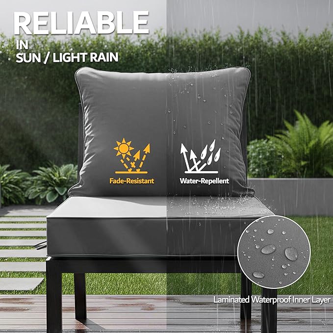 22x22 Inch Patio Chair Cushion with Removable Cover, Outdoor Furniture Cushion - Water-Repellent, Fade-Resistant, Non-Slip Bottom & Straps, Replacement for Lawn, Porch & Deck Chair - Dark Grey